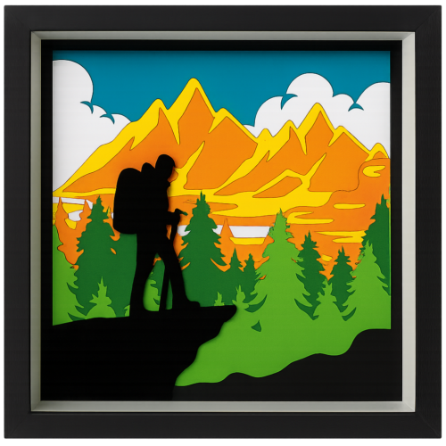 Hiker silhouetted against mountain backdrop